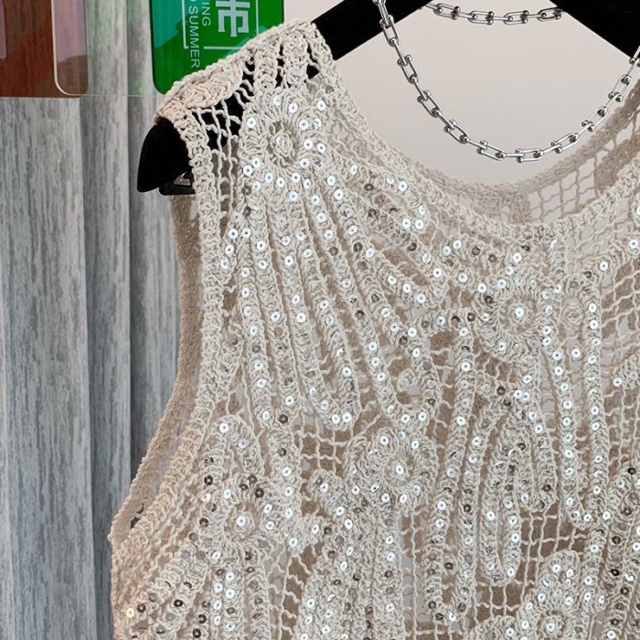 sequin móc rỗng dệt kim yếm trong mặc ngoài của phụ nữ mùa hè mới áo vest áo không tay