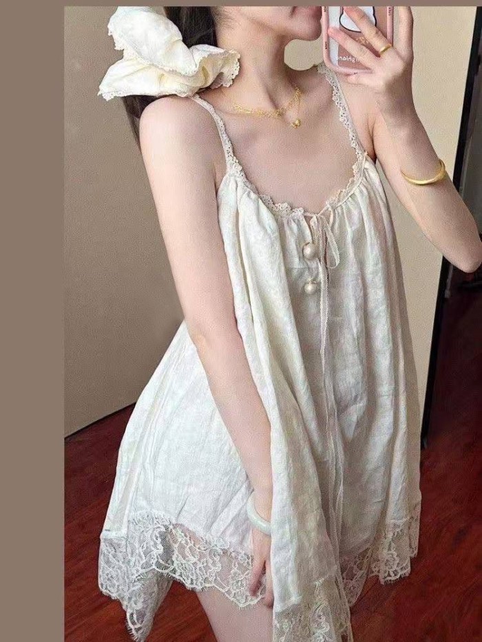 Váy ngủ gợi cảm, bà bầu có thể mặc dây treo ren, đồ ngủ ngắn, áo vest mùa hè cotton mây, quần