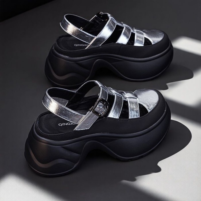 Da Mềm Đế Dày La Mã Giày Sandal Nữ Mùa Hè Mới Gót Dày Rỗng Thoáng Khí Đế Mềm Xăng Đan Một Từ
