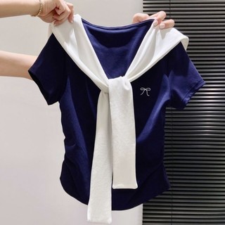 Áo thun ngắn tay giả hai mảnh cổ xanh hải quân dành cho nữ cỡ vừa và lớn dành cho nữ mùa hè Áo ngắn