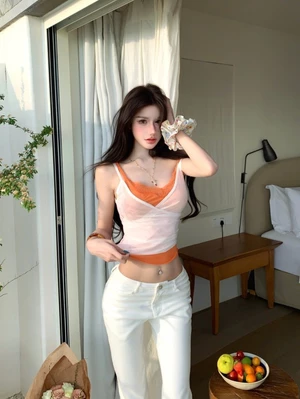 Áo vest hai dây giả thuần khiết Desire Hàn Quốc dành cho nữ eo eo cổ chữ V hơi xuyên thấu ren