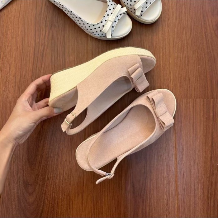 Giày sandal đế dày thắt nơ cao cấp dành cho nữ mùa hè ngọt ngào không thấm nước đế bệt dép miệng cá