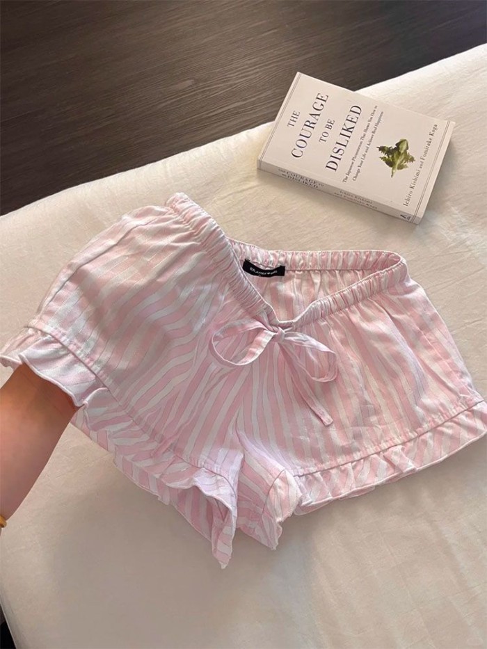 Bộ đồ ngủ cotton Yunduo dành cho nữ, quần đùi ngắn tay sọc hồng ngọt ngào, trang phục ở nhà rộng