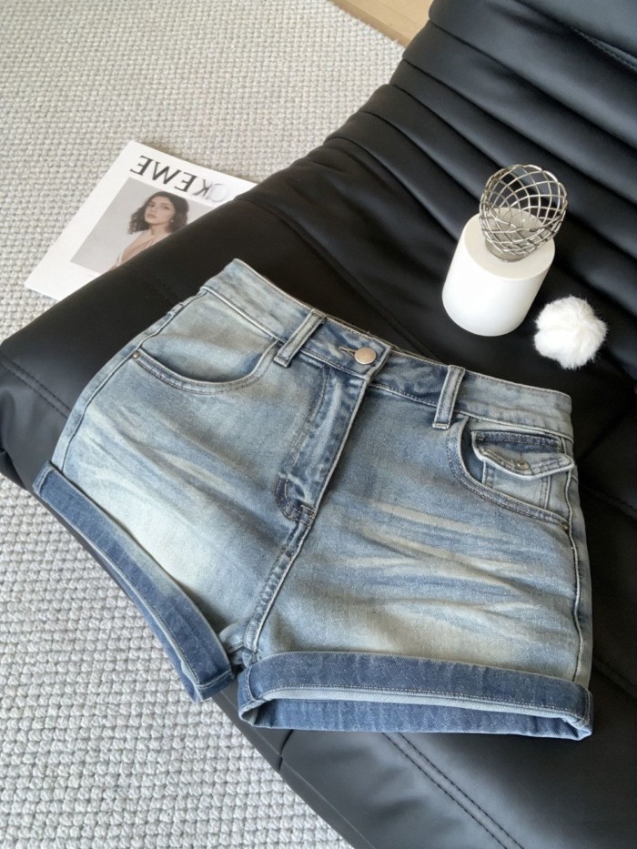 Quần short denim rách và rách phong cách Mỹ retro dành cho nữ mùa hè lưng cao và hông, phiên bản
