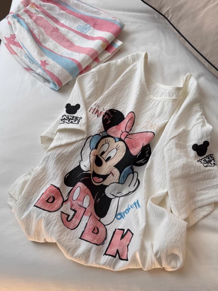 bộ đồ ngủ in hình chuột Mickey hoạt hình dễ thương dành cho nữ mùa hè quần sọc mới quần áo nhà n