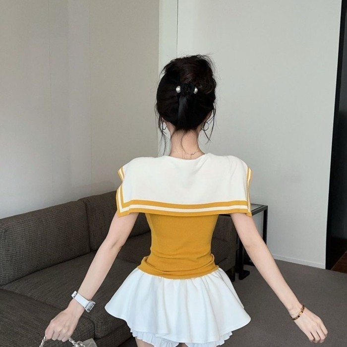 hải quân cổ áo màu sắc tương phản băng lụa áo len phù hợp với phụ nữ mùa hè váy cao giảm béo váy