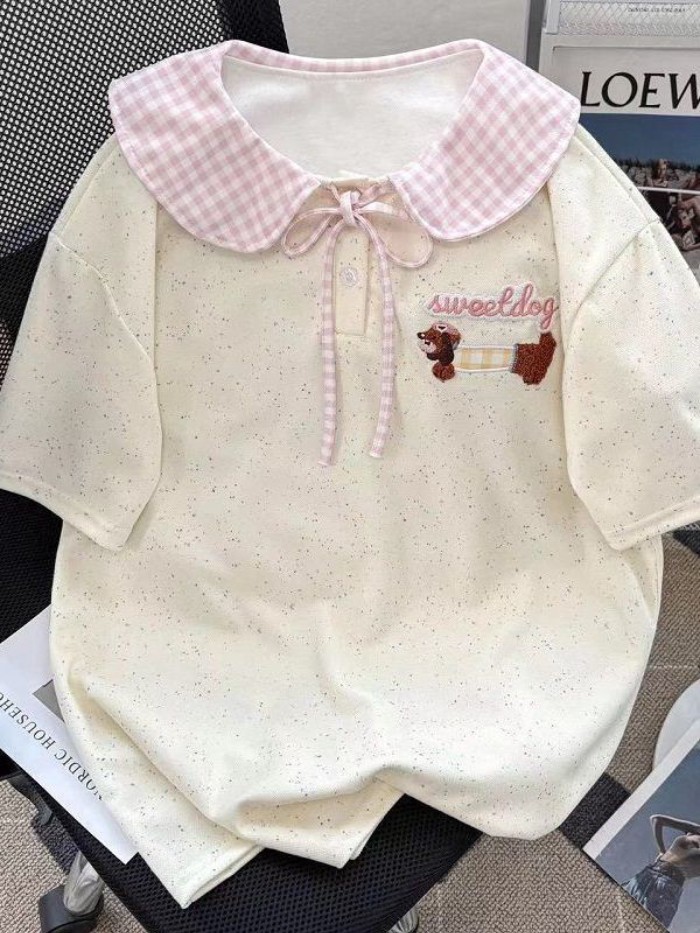 In Hình Cún Con Màu Chấm Áo Sơ Mi POLO Mùa Hè Dễ Thương Ve Áo Áo Thun Nữ Tay Ngắn Thắt Nơ Rời To