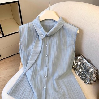 Mùa Hè Pháp Áo Sơ Mi Sọc Không Tay Áo Khoác Ngoài Nữ Áo Niche Chic Đẹp Top