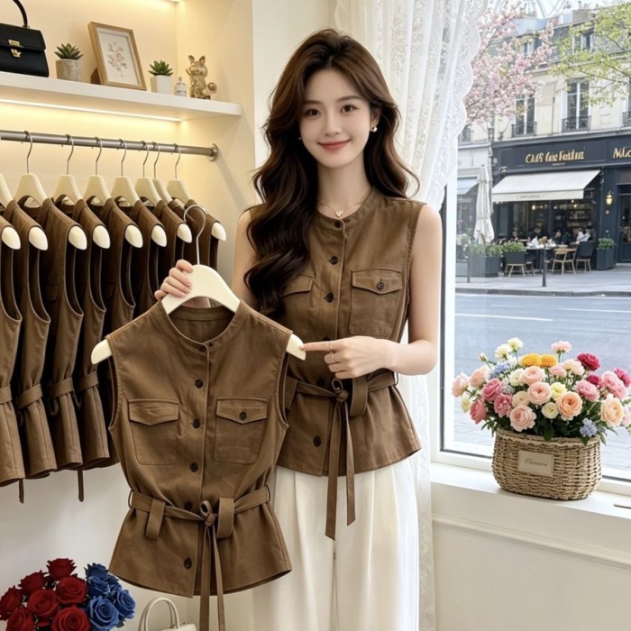 Áo kiểu Pháp cổ tiền cao cấp Áo vest nữ mùa hè phong cách mới Áo không tay