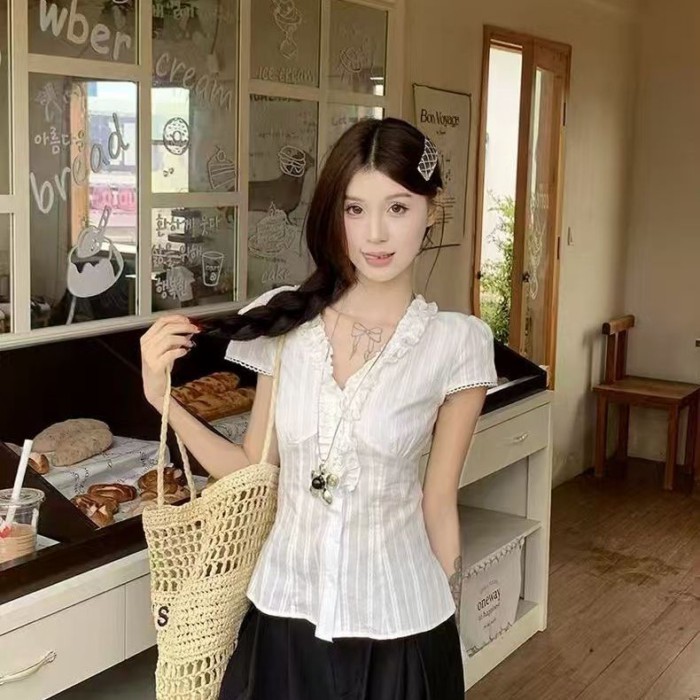 French Retro Ruffle Short-sleeved Shirt For Women Summer White Niche Chic Waist Slimming Shir