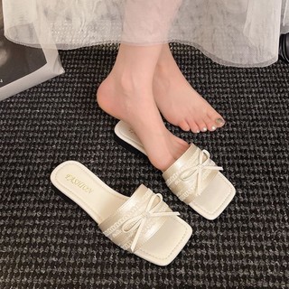 Square Toe Bow Flat Slippers New Style Slippers For Women To Wear Super Fairy Fashion One-Wor