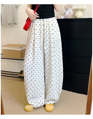 Korean Style Polka-dot Ice Silk Wide-leg Pants For Women Summer New High-waist Slimming Lazy