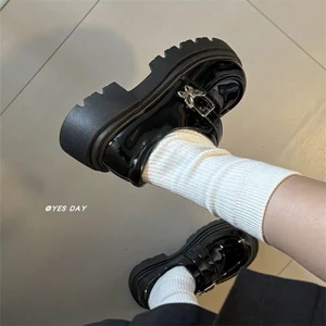 Giày Da Nhỏ Mũi Tròn Đế Dày Màu Đen Cho Nữ Phong Cách Retro Nhật Bản JK Giày Đế Dày Phong Cách A
