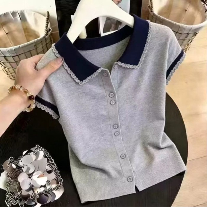 Áo tay ngắn có ve áo, áo len mùa hè màu tương phản, áo che bụng đi làm nhẹ nhàng sang trọng