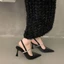 đôi sandal khí chất kèm váy, giày cao gót màu đen, giày cao gót mũi nhọn đính kim cương giả kiểu