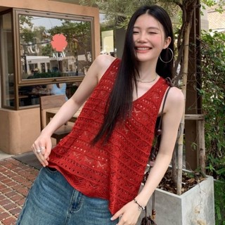 Áo vest cổ chữ V khoét rỗng màu đỏ dành cho nữ mùa hè Thiết kế mỏng Áo không tay dáng rộng đẹ