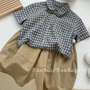 Bộ Đồ Bé Trai Mùa Hè Phong Cách Hàn Quốc Quần Áo Trẻ Em Phương Tây Kẻ Sọc Rộng Quần Ngắn Tay Trẻ