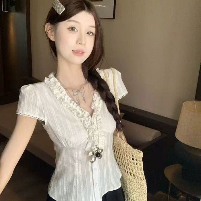 French Retro Ruffle Short-sleeved Shirt For Women Summer White Niche Chic Waist Slimming Shir