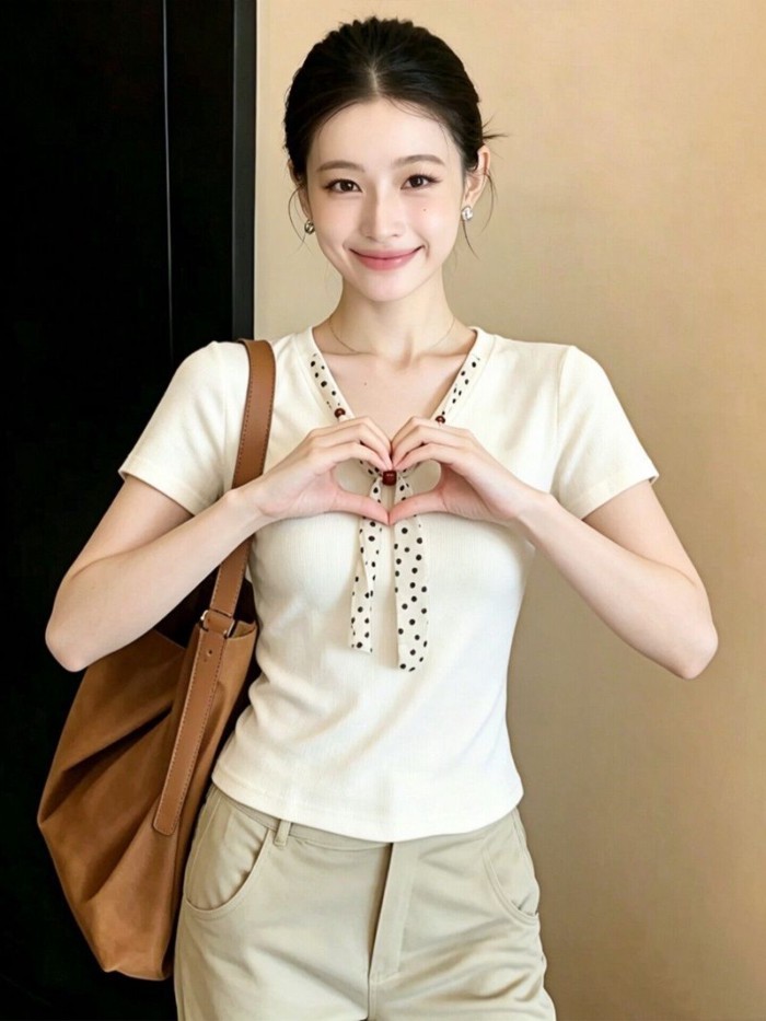 Áo thun ngắn tay cổ chữ V màu trắng phong cách Hàn Quốc dành cho nữ mùa hè phong cách mới niche