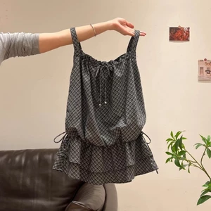 Áo yếm dây rút xếp nếp hai lớp phong cách nhẹ nhàng kiểu Pháp dành cho nữ mùa hè có dây rút cao