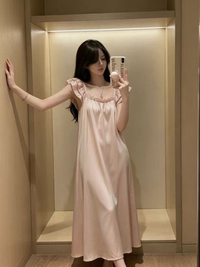 Váy ngủ mùa hè mới, dài vừa phải, nhẹ nhàng sang trọng, váy ngủ lụa băng có đệm ngực, váy ngủ