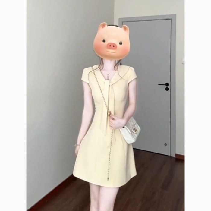 Summer Dopamine Temperament Pear-shaped Slim Dress Women's New Simple Design Waist Navy Colla