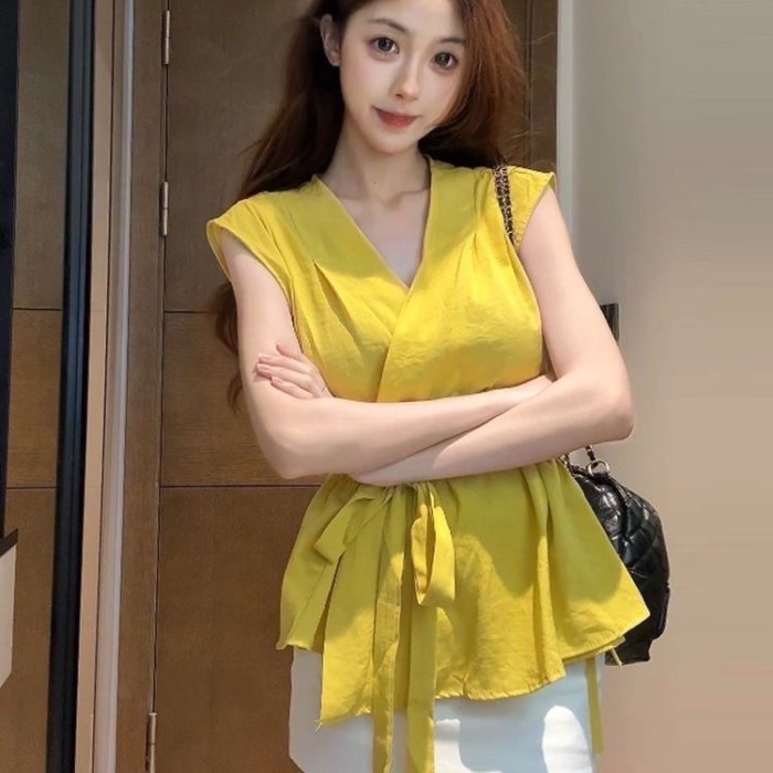 Áo yếm nữ dây cổ chữ V  thiết kế mùa hè của Pháp và áo không tay ôm eo thanh lịch