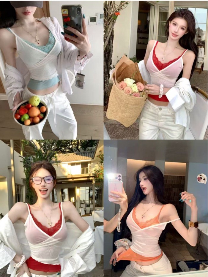Áo vest hai dây giả thuần khiết Desire Hàn Quốc dành cho nữ eo eo cổ chữ V hơi xuyên thấu ren