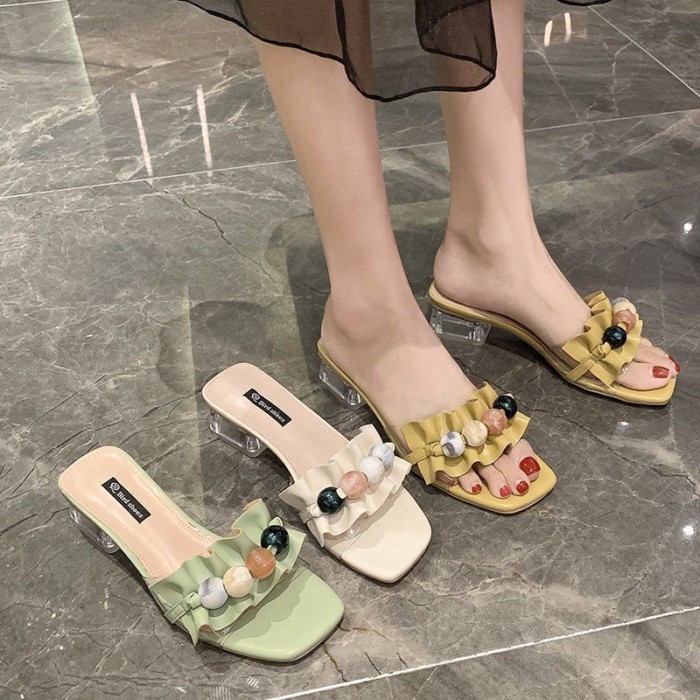 đôi sandal cao gót phong cách mùa hè mới mặc bên ngoài xếp li dép một chữ đính hạt pha lê gót cổ