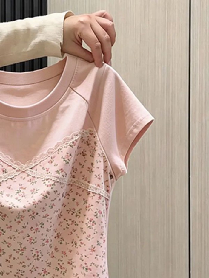 Áo thun ngắn tay phối ren hoa dành cho nữ mùa hè cỡ lớn thời trang đa năng