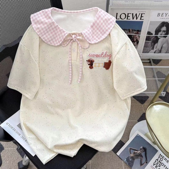 In Hình Cún Con Màu Chấm Áo Sơ Mi POLO Mùa Hè Dễ Thương Ve Áo Áo Thun Nữ Tay Ngắn Thắt Nơ Rời To