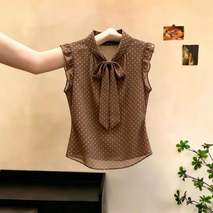Áo sơ mi thắt nơ chấm bi cổ điển kiểu Pháp dành cho nữ, phong cách mùa hè mới, áo mỏng và đa