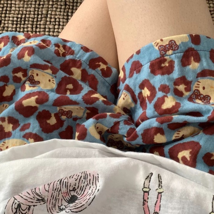 Dopamine Pyjama Quần Mùa Hè Nữ Cloud Cotton Da Báo Quần Short Áo Khoác Ngoài Sọc Quần Đi Bộ Nhà Q