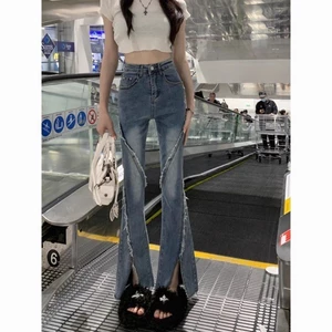Quần jeans ống loe tua rua phong cách mùa xuân mới mỏng và linh hoạt cạp cao thô viền hơi ống