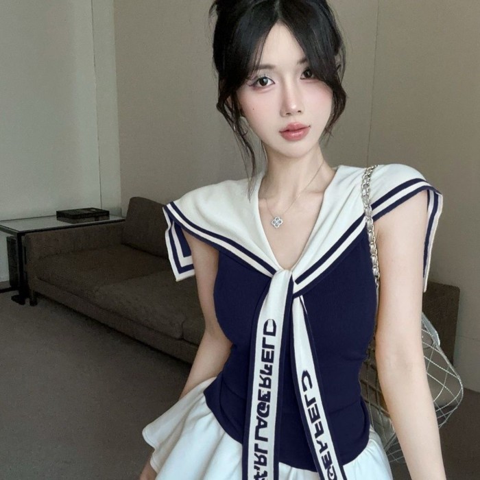 hải quân cổ áo màu sắc tương phản băng lụa áo len phù hợp với phụ nữ mùa hè váy cao giảm béo váy