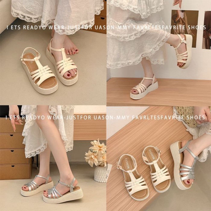 Giày sandal dệt đế dày đế dày đi làm mùa hè đế nêm có dây đeo khóa gót giày thời trang thông thường