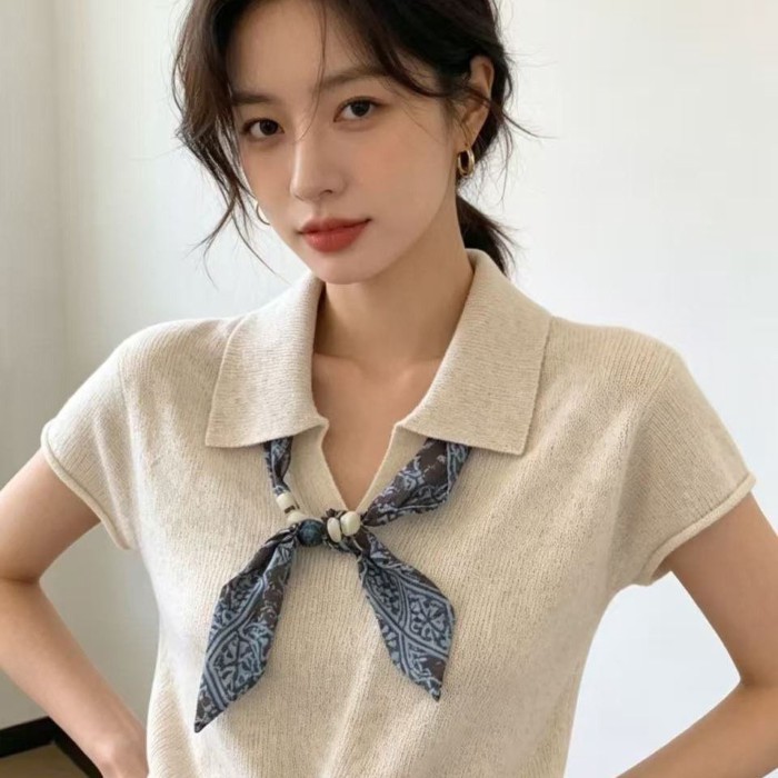 khăn lụa cổ điển phong cách retro thời trang cho nữ, áo sơ mi hoa điều kèm khăn, vòng cổ đính cườ