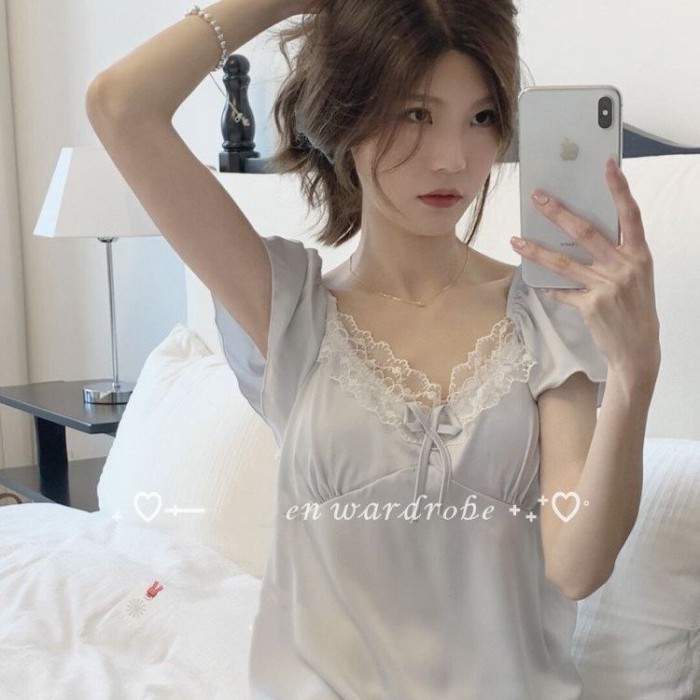 Beautiful Crushed Ice Blue Lace Nightgown For Women Summer Sweet High-end Pajamas Home Wear For