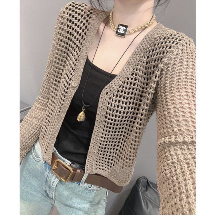 Mùa hè mới phong cách mới rỗng áo siêu trong suốt áo cardigan dệt kim ngắn áo sơ mi rộng rãi