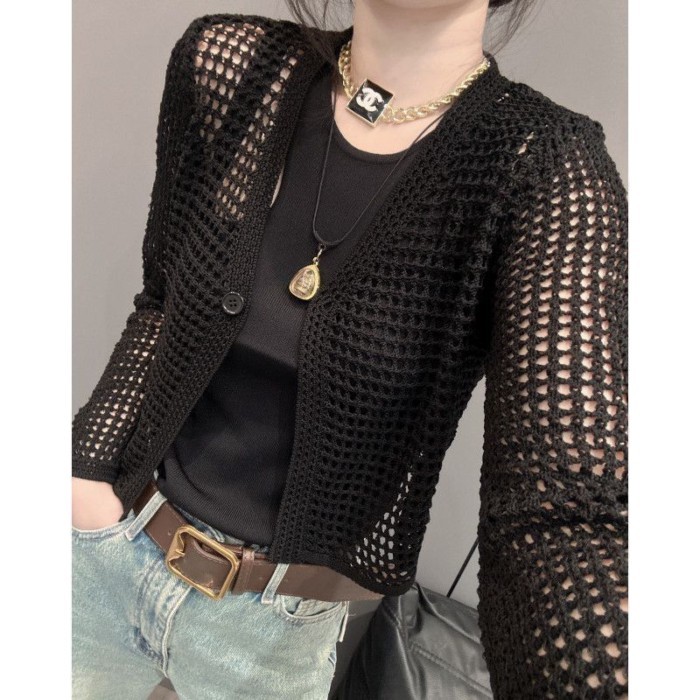 Mùa hè mới phong cách mới rỗng áo siêu trong suốt áo cardigan dệt kim ngắn áo sơ mi rộng rãi