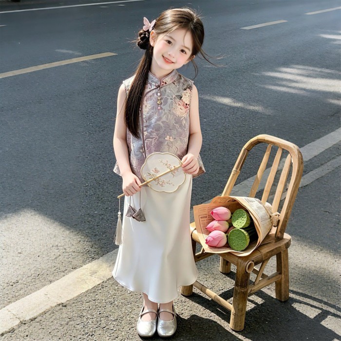 bé gái mới phong cách Trung Hoa váy sườn xám mùa hè mới trẻ em mỏng bé phong cách dân tộc vest v