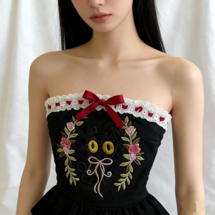Phong Cách Retro Hoa In Hình Mèo Xếp Ly Ren Lãng Mạn Áo Vest Top Đen Vintage Treo Dây