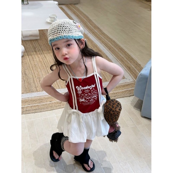 Girls Summer New Korean Style Cartoon Letter Printed Sweet And Cute Flower Bud Hem Spliced Su