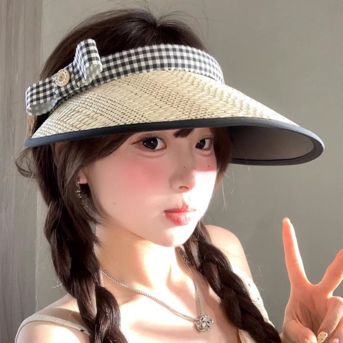 Cute Bow Straw Hollow Top Sun Hat For Women Summer New Style Big Brim Sunshade Straw Hat Outd