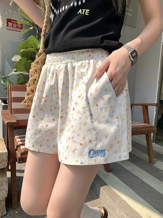 Japanese Cute Ins Star Wide Leg Shorts For Women Summer Loose Straight Pants High Waist Casua
