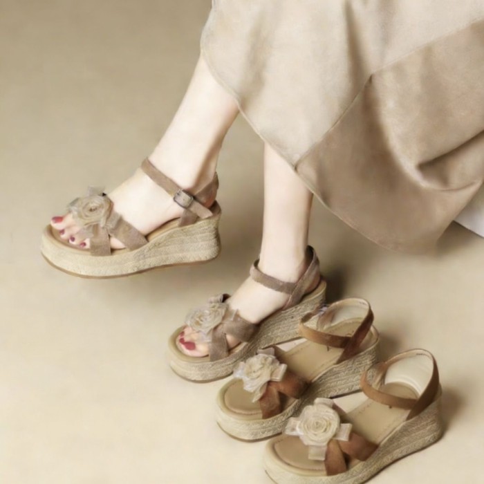 Dép Handmade hở mũi nền tảng đế hoa dép rơm siêu cao gót đế nêm