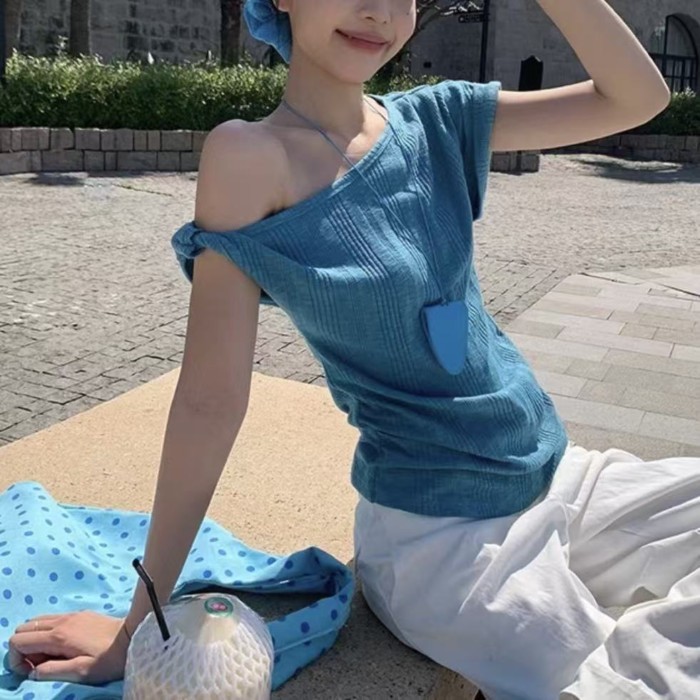 Dopamine Lake Blue Slanted Shoulder Short Sleeve T-Shirt Women's Summer Korean Style Loose Sl