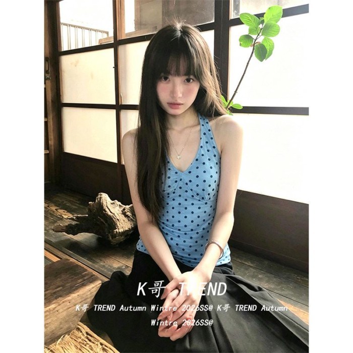 Áo yếm cổ yếm chấm bi màu xanh phong cách Hàn Quốc giảm béo mùa hè cho nữ hot girl lưng đẹp áo k