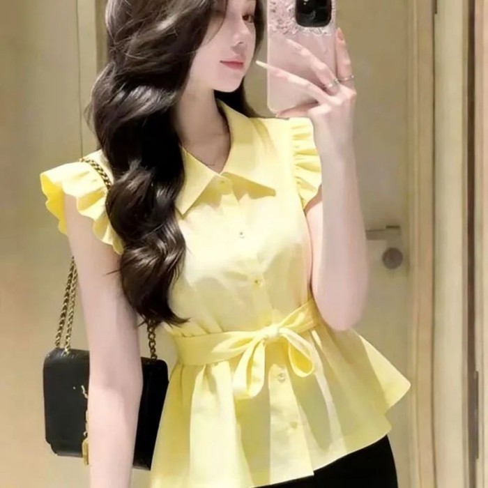 Phong cách Pháp thiết kế xếp ly kiểu Pháp Áo sơ mi không tay mỏng dành cho nữ mùa xuân hè dán