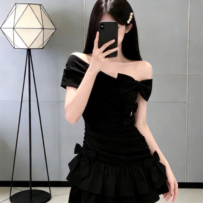 French Hepburn Style Black Bow Sloping Shoulder Slim Dress To Wear Dress Skirt For Women Summ